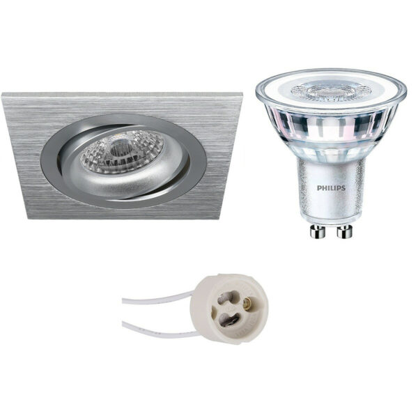 LED Spot Set – Pragmi Borny Pro – GU10 Fitting – Inbouw Vierkant – Mat Zilver – Kantelbaar – 92mm – Philips – CorePro 827 36D – 4.6W – Warm Wit 2700K Bestellen via ledinbouwverlichting