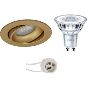 LED Spot Set – Pragmi Delton Pro – GU10 Fitting – Inbouw Rond – Mat Goud – Kantelbaar – Ø82mm – Philips – CorePro 840 36D – 5W – Natuurlijk Wit 4000K – Dimbaar Bestellen via ledinbouwverlichting