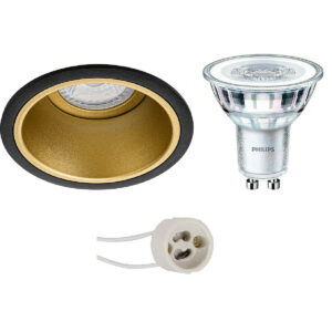 LED Spot Set – Pragmi Minko Pro – GU10 Fitting – Inbouw Rond – Mat Zwart/Goud – Verdiept – Ø90mm – Philips – CorePro 840 36D – 5W – Natuurlijk Wit 4000K – Dimbaar Bestellen via ledinbouwverlichting