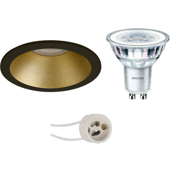 LED Spot Set – Pragmi Pollon Pro – GU10 Fitting – Inbouw Rond – Mat Zwart/Goud – Verdiept – Ø82mm – Philips – CorePro 840 36D – 5W – Natuurlijk Wit 4000K – Dimbaar Bestellen via ledinbouwverlichting