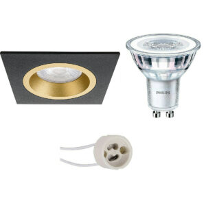 LED Spot Set – Pragmi Rodos Pro – GU10 Fitting – Inbouw Vierkant – Mat Zwart/Goud – 93mm – Philips – CorePro 840 36D – 5W – Natuurlijk Wit 4000K – Dimbaar Bestellen via ledinbouwverlichting