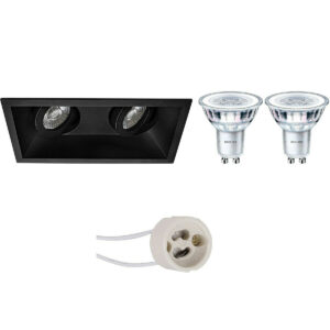 LED Spot Set – Pragmi Zano Pro – GU10 Fitting – Inbouw Rechthoek Dubbel – Mat Zwart – Kantelbaar – 185x93mm – Philips – CorePro 827 36D – 3.5W – Warm Wit 2700K Bestellen via ledinbouwverlichting