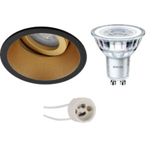 LED Spot Set – Pragmi Zano Pro – GU10 Fitting – Inbouw Rond – Mat Zwart/Goud – Kantelbaar – Ø93mm – Philips – CorePro 840 36D – 5W – Natuurlijk Wit 4000K – Dimbaar Bestellen via ledinbouwverlichting