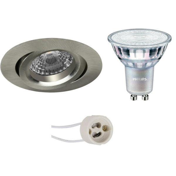 LED Spot Set – Pragmi Aerony Pro – GU10 Fitting – Inbouw Rond – Mat Nikkel – Kantelbaar – Ø82mm – Philips – MASTER 927 36D VLE – 3.7W – Warm Wit 2200K-2700K – DimTone Dimbaar Bestellen via ledinbouwverlichting