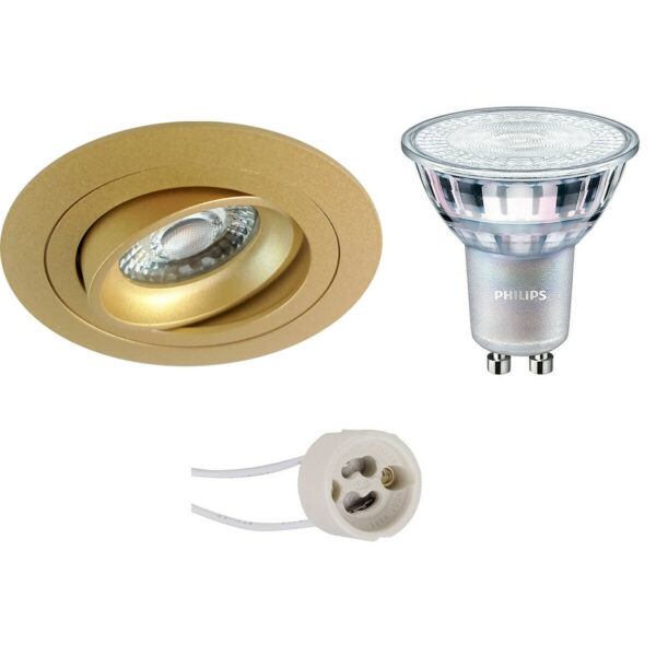 LED Spot Set – Pragmi Alpin Pro – GU10 Fitting – Inbouw Rond – Mat Goud – Kantelbaar – Ø92mm – Philips – MASTER 927 36D VLE – 3.7W – Warm Wit 2200K-2700K – DimTone Dimbaar Bestellen via ledinbouwverlichting