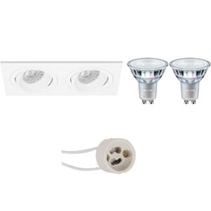 LED Spot Set – Pragmi Borny Pro – GU10 Fitting – Inbouw Rechthoek Dubbel – Mat Wit – Kantelbaar – 175x92mm – Philips – MASTER 927 36D VLE – 3.7W – Warm Wit 2200K-2700K – DimTone Dimbaar Bestellen via ledinbouwverlichting