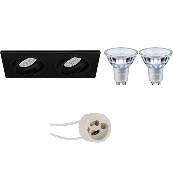 LED Spot Set – Pragmi Borny Pro – GU10 Fitting – Inbouw Rechthoek Dubbel – Mat Zwart – Kantelbaar – 175x92mm – Philips – MASTER 927 36D VLE – 4.9W – Warm Wit 2200K-2700K – DimTone Dimbaar Bestellen via ledinbouwverlichting