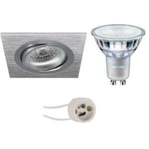 LED Spot Set – Pragmi Borny Pro – GU10 Fitting – Inbouw Vierkant – Mat Zilver – Kantelbaar – 92mm – Philips – MASTER 927 36D VLE – 3.7W – Warm Wit 2200K-2700K – DimTone Dimbaar Bestellen via ledinbouwverlichting