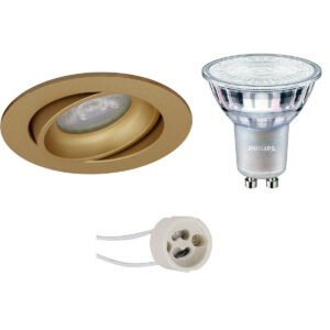 LED Spot Set – Pragmi Delton Pro – GU10 Fitting – Inbouw Rond – Mat Goud – Kantelbaar – Ø82mm – Philips – MASTER 927 36D VLE – 3.7W – Warm Wit 2200K-2700K – DimTone Dimbaar Bestellen via ledinbouwverlichting