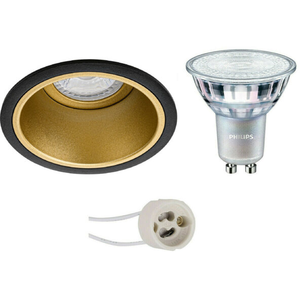 LED Spot Set – Pragmi Minko Pro – GU10 Fitting – Inbouw Rond – Mat Zwart/Goud – Verdiept – Ø90mm – Philips – MASTER 927 36D VLE – 3.7W – Warm Wit 2200K-2700K – DimTone Dimbaar Bestellen via ledinbouwverlichting