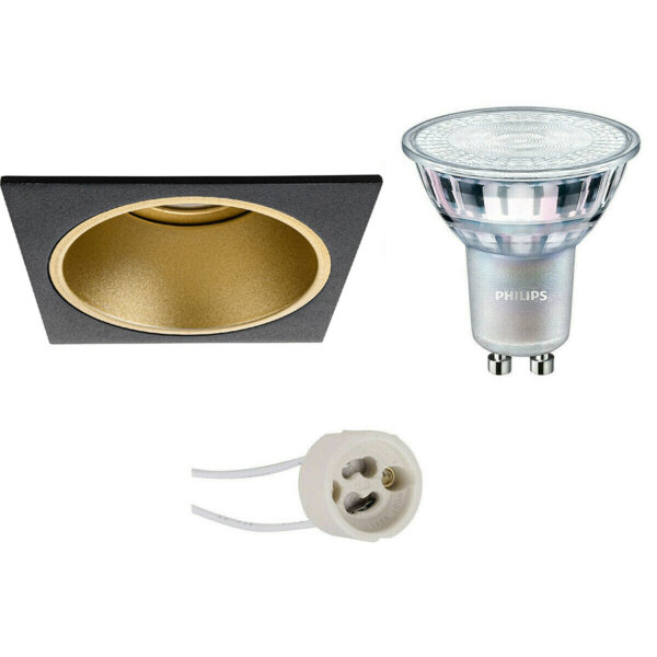 LED Spot Set – Pragmi Minko Pro – GU10 Fitting – Inbouw Vierkant – Mat Zwart/Goud – Verdiept – 90mm – Philips – MASTER 927 36D VLE – 4.9W – Warm Wit 2200K-2700K – DimTone Dimbaar Bestellen via ledinbouwverlichting