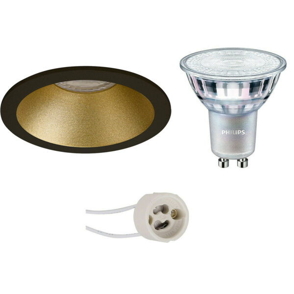 LED Spot Set – Pragmi Pollon Pro – GU10 Fitting – Inbouw Rond – Mat Zwart/Goud – Verdiept – Ø82mm – Philips – MASTER 927 36D VLE – 3.7W – Warm Wit 2200K-2700K – DimTone Dimbaar Bestellen via ledinbouwverlichting