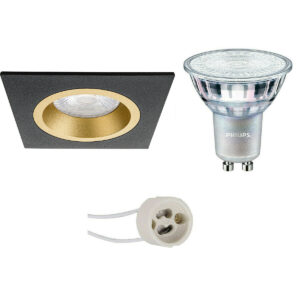 LED Spot Set – Pragmi Rodos Pro – GU10 Fitting – Inbouw Vierkant – Mat Zwart/Goud – 93mm – Philips – MASTER 927 36D VLE – 3.7W – Warm Wit 2200K-2700K – DimTone Dimbaar Bestellen via ledinbouwverlichting