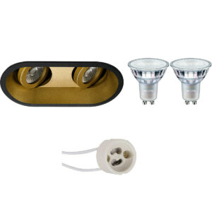 LED Spot Set – Pragmi Zano Pro – GU10 Fitting – Inbouw Ovaal Dubbel – Mat Zwart/Goud – Kantelbaar – 185x93mm – Philips – MASTER 927 36D VLE – 3.7W – Warm Wit 2200K-2700K – DimTone Dimbaar Bestellen via ledinbouwverlichting