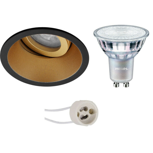 LED Spot Set – Pragmi Zano Pro – GU10 Fitting – Inbouw Rond – Mat Zwart/Goud – Kantelbaar – Ø93mm – Philips – MASTER 927 36D VLE – 3.7W – Warm Wit 2200K-2700K – DimTone Dimbaar Bestellen via ledinbouwverlichting