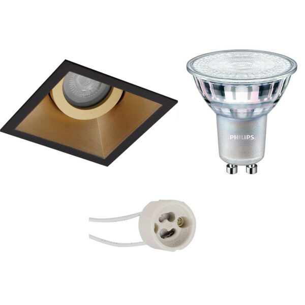 LED Spot Set – Pragmi Zano Pro – GU10 Fitting – Inbouw Vierkant – Mat Zwart/Goud – Kantelbaar – 93mm – Philips – MASTER 927 36D VLE – 3.7W – Warm Wit 2200K-2700K – DimTone Dimbaar Bestellen via ledinbouwverlichting